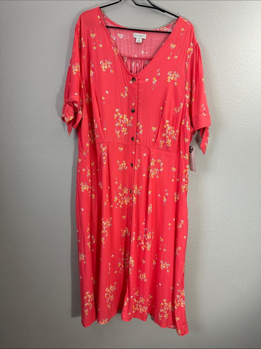 NWT Bright Coral Midi Dress with Little Yellow Flowers Button-Front 3x